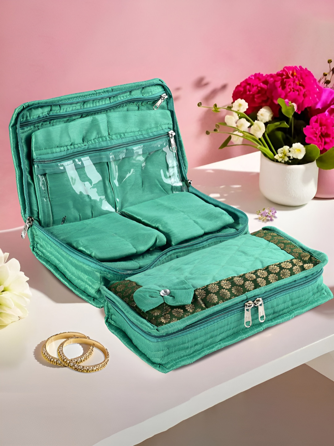 Myntra Elegant Homes Green 2 Pcs Jewellery Box 7-Compartments Pouch Storage Organisers
