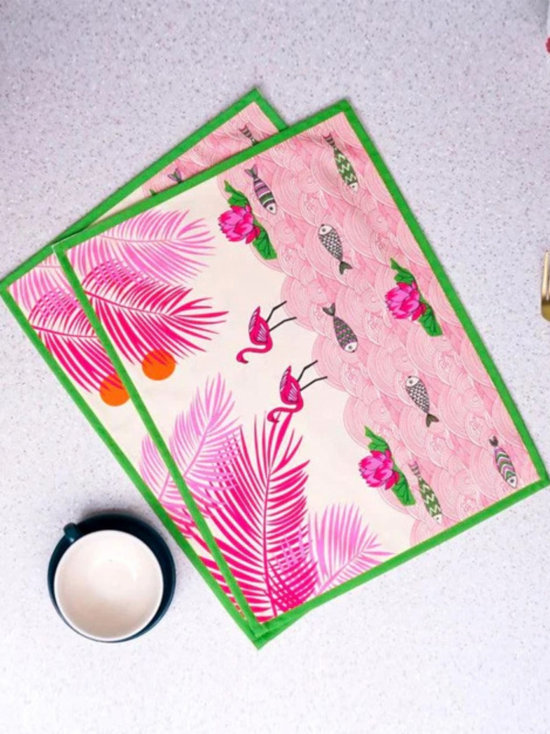 Indisca Designs Pink & Green 2 Pieces Flamingo Habitat Printed Table Placemats