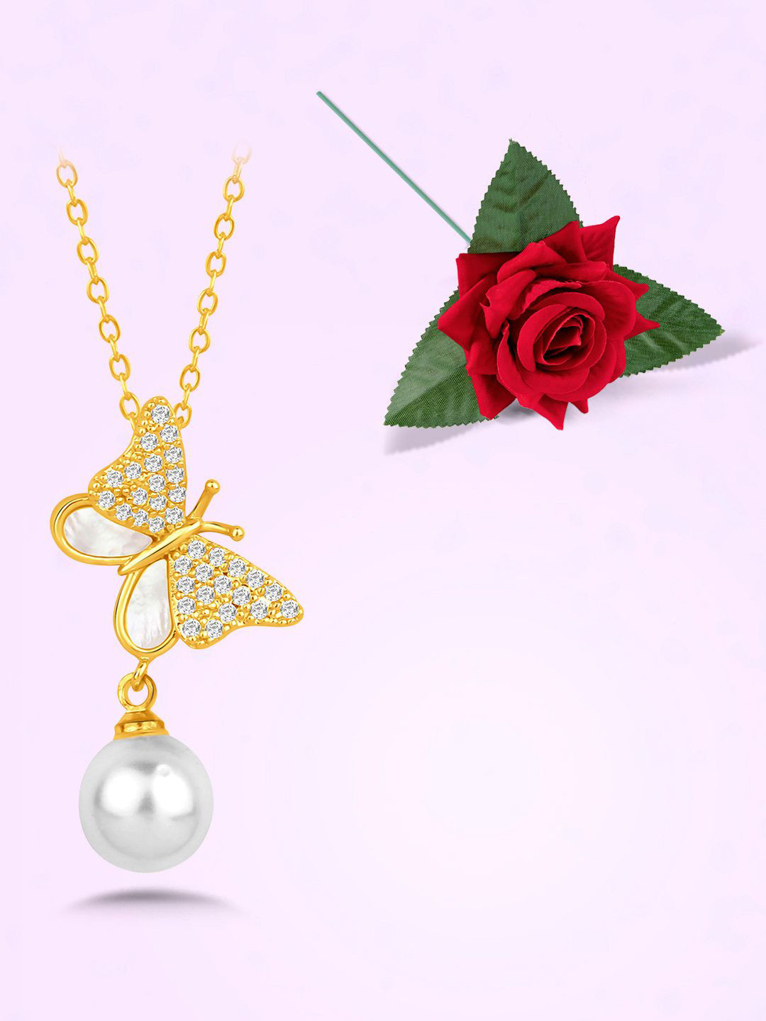 Peora Gold-Plated CZ Studded & Mother of Pearls Butterfly Shaped Chain With Red Rose