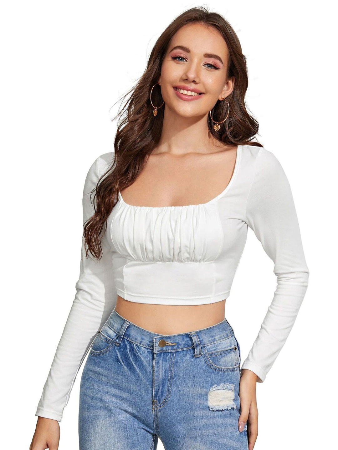 Enmozz Women Solid Square Neck Long Sleeves Gathered or Pleated Crop Top