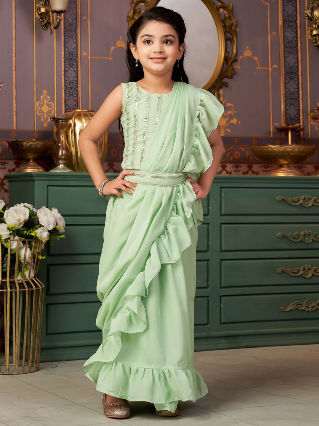 Sangria Girls Ruffles Saree with Stitched Blouse