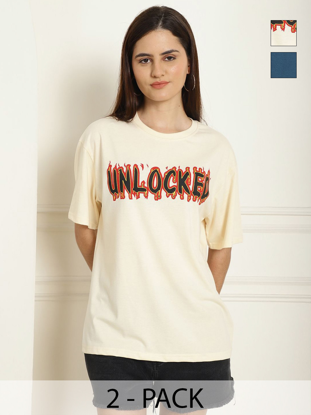 Metronaut Women Pack of 2 Lion King Typography Printed Cotton Oversized T-shirts