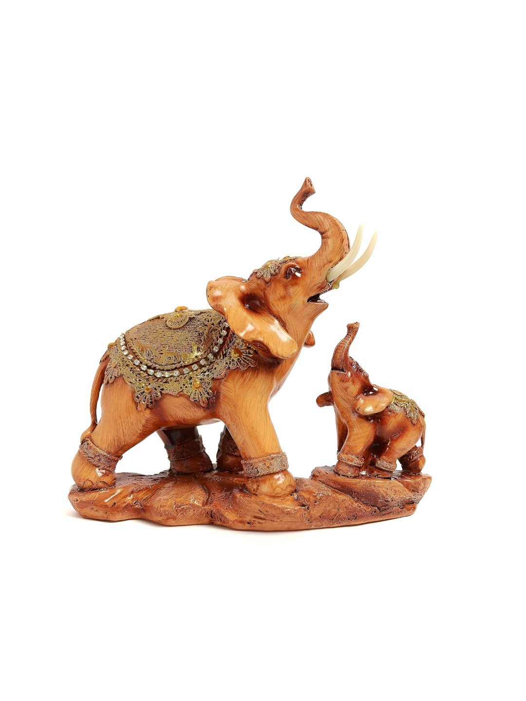 The Spiritual Living Trunk Up Elephant with Baby Brown Polyresin Natural Living Room Set of 2 Medium Showpieces - 7.5 Inches