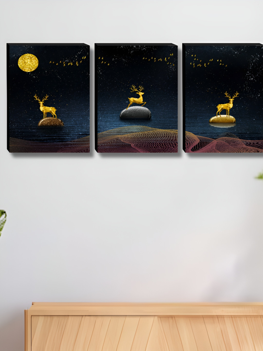 Aura Deer & Moon Wood 3 Piece Wall Rectangle Paintings Wall Art -27 x 12 In