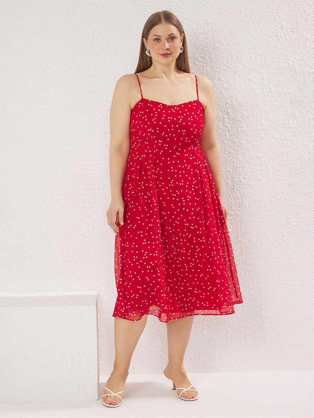 Trendyol Women Polka Dots Printed Plus Size A-Line Midi Dress