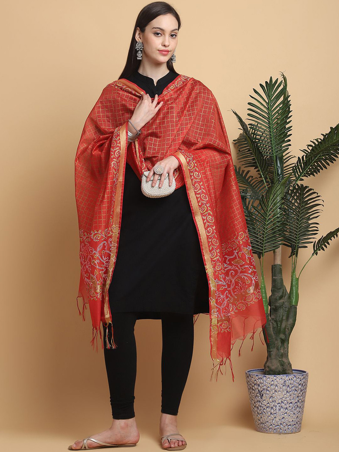 LOOM LEGACY Floral Printed Kalamkari Chanderi Dupatta