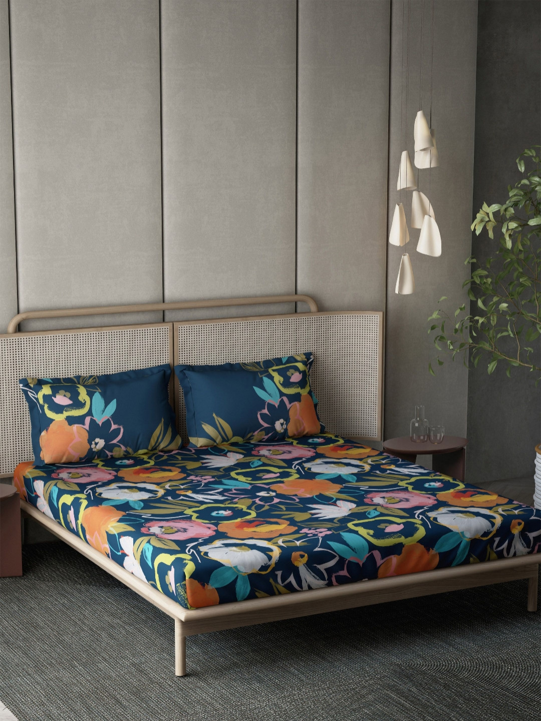 DDecor Esteem Blue Floral Cotton 210 TC King Fine Bedsheet with 2 Pillow Covers-108 x 108 inches