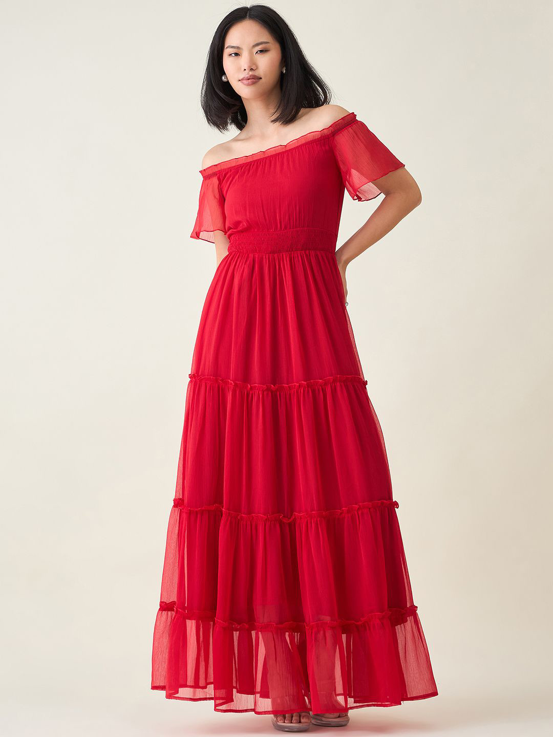 aayu Women Off-Shoulder Layered Chiffon Maxi Dress