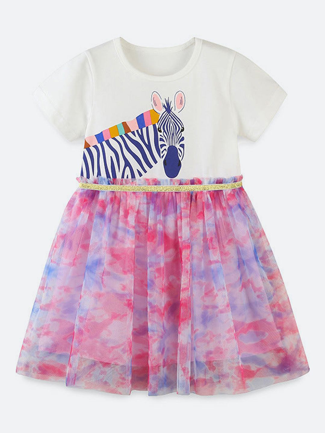 Oh Rare Girl Print Round Neck Short Sleeves Knee Length Fit & Flare Dress