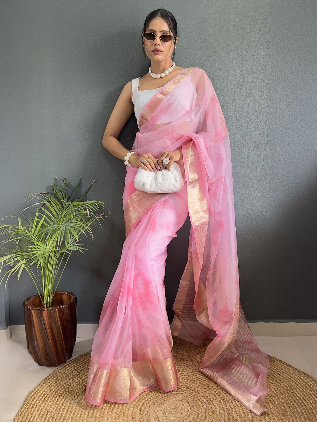KALINI Woven Design Zari Organza Kanjeevaram Saree With Unstitched Blosue Piece