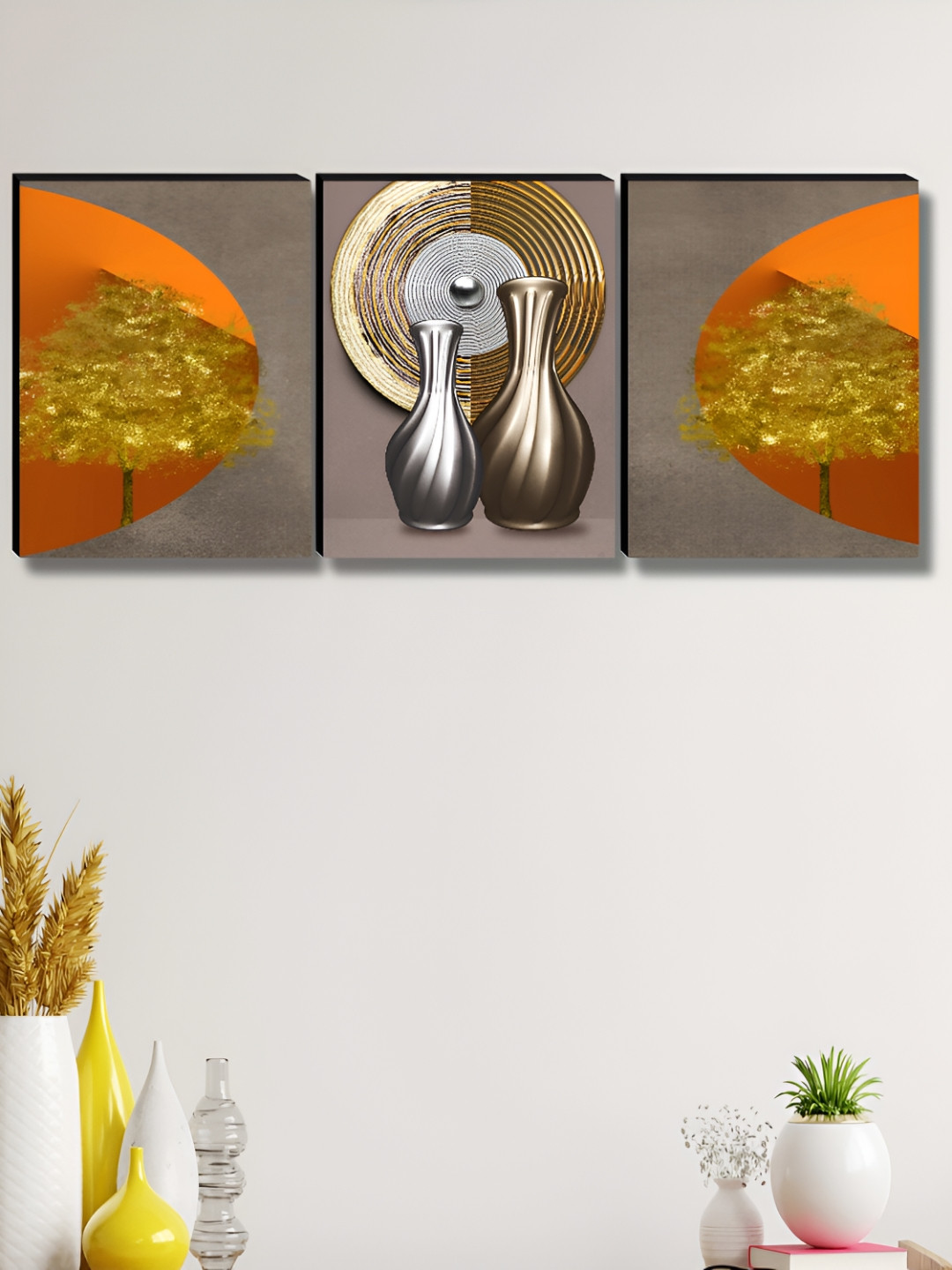 Aura Brown & Orange 3 Pieces Bottles Wooden Painting Wall Art