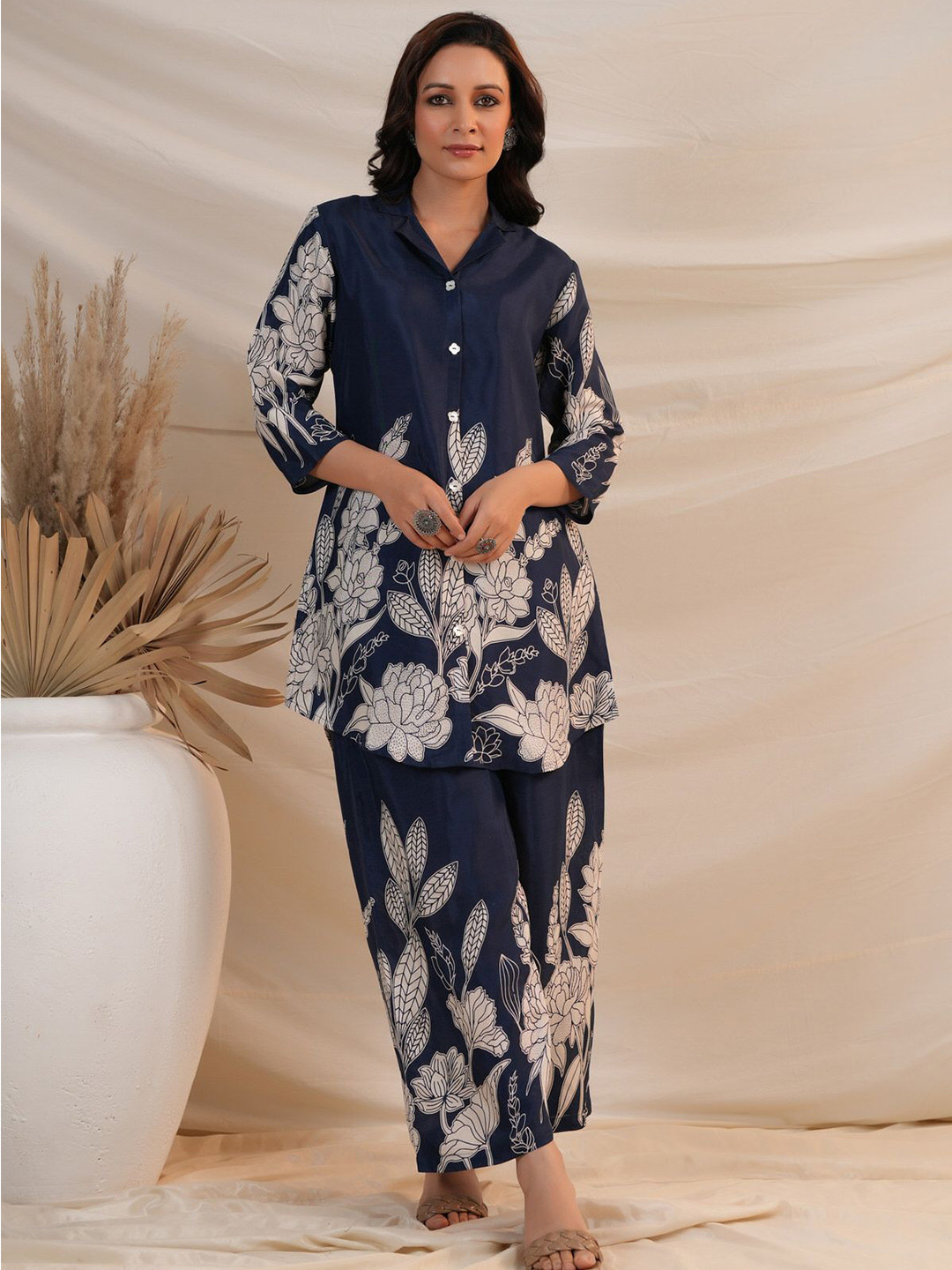 JISORA Collection Printed Russian Silk Shirt With Palazzo Co-ord Set