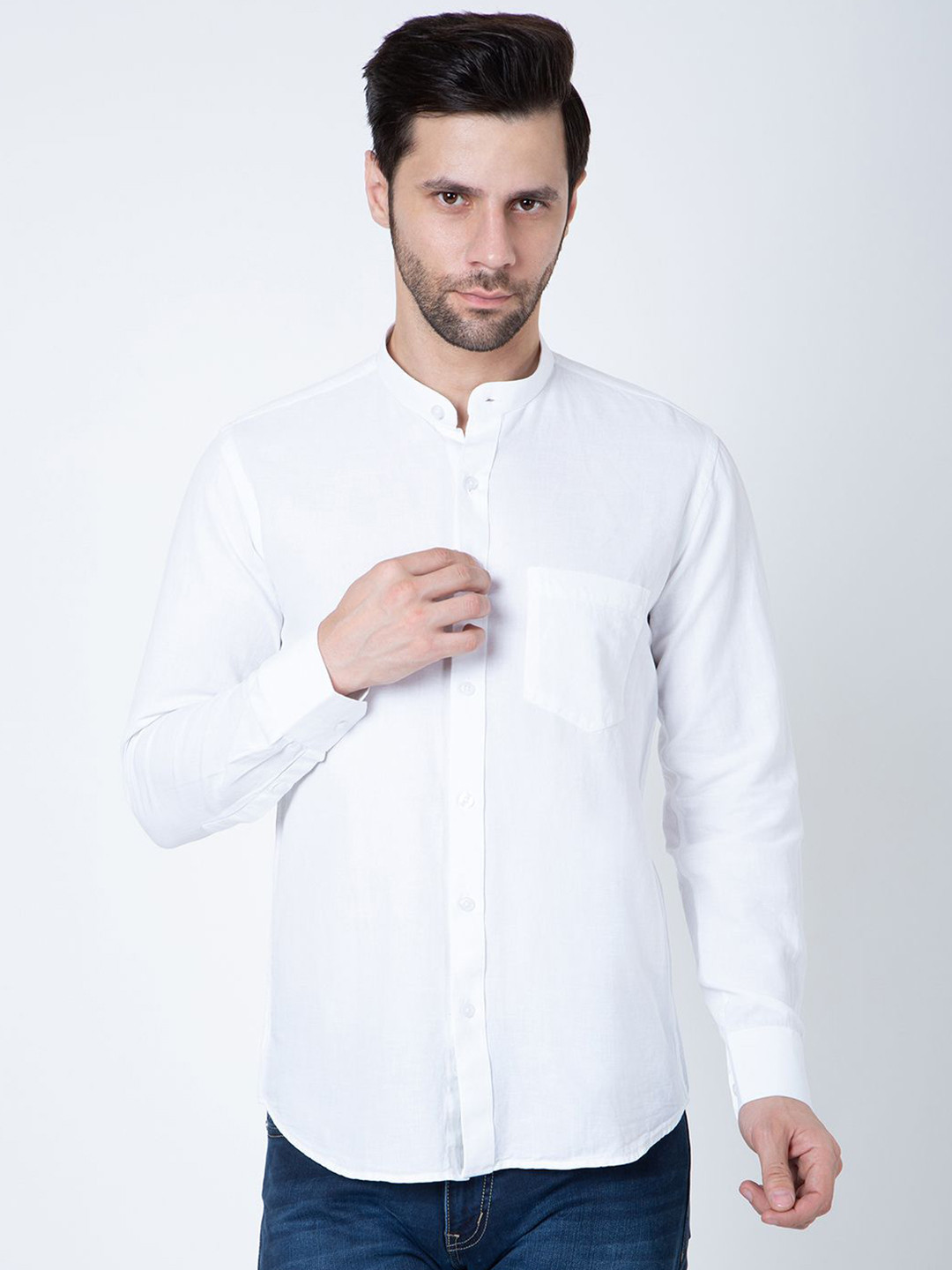 Sparky Men Slim Fit Band Collar Solid Cotton Casual Shirt