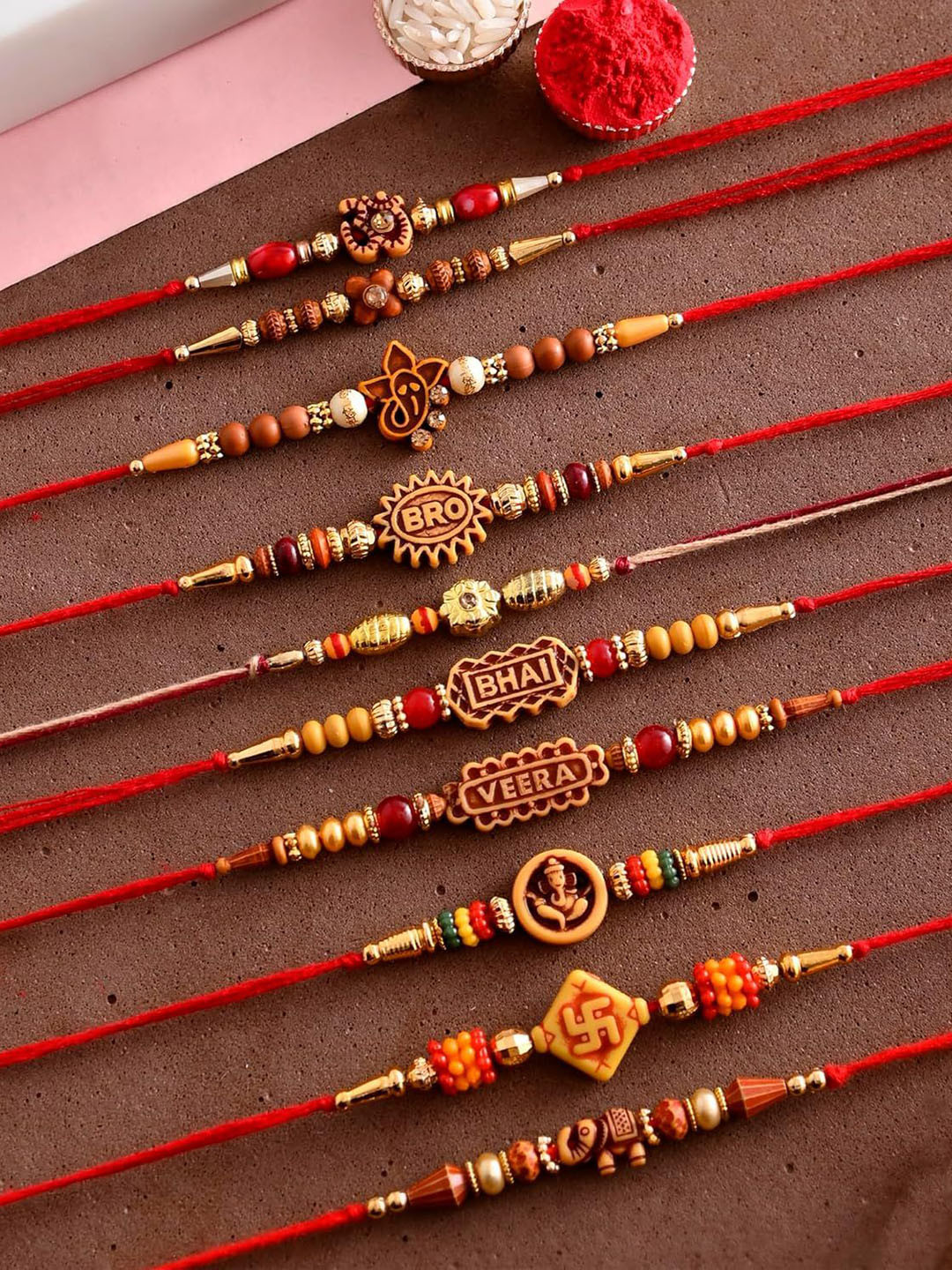 Ascension 10 Pcs Kundan Studded & Beaded Meena Rakhi With Roli Tilak