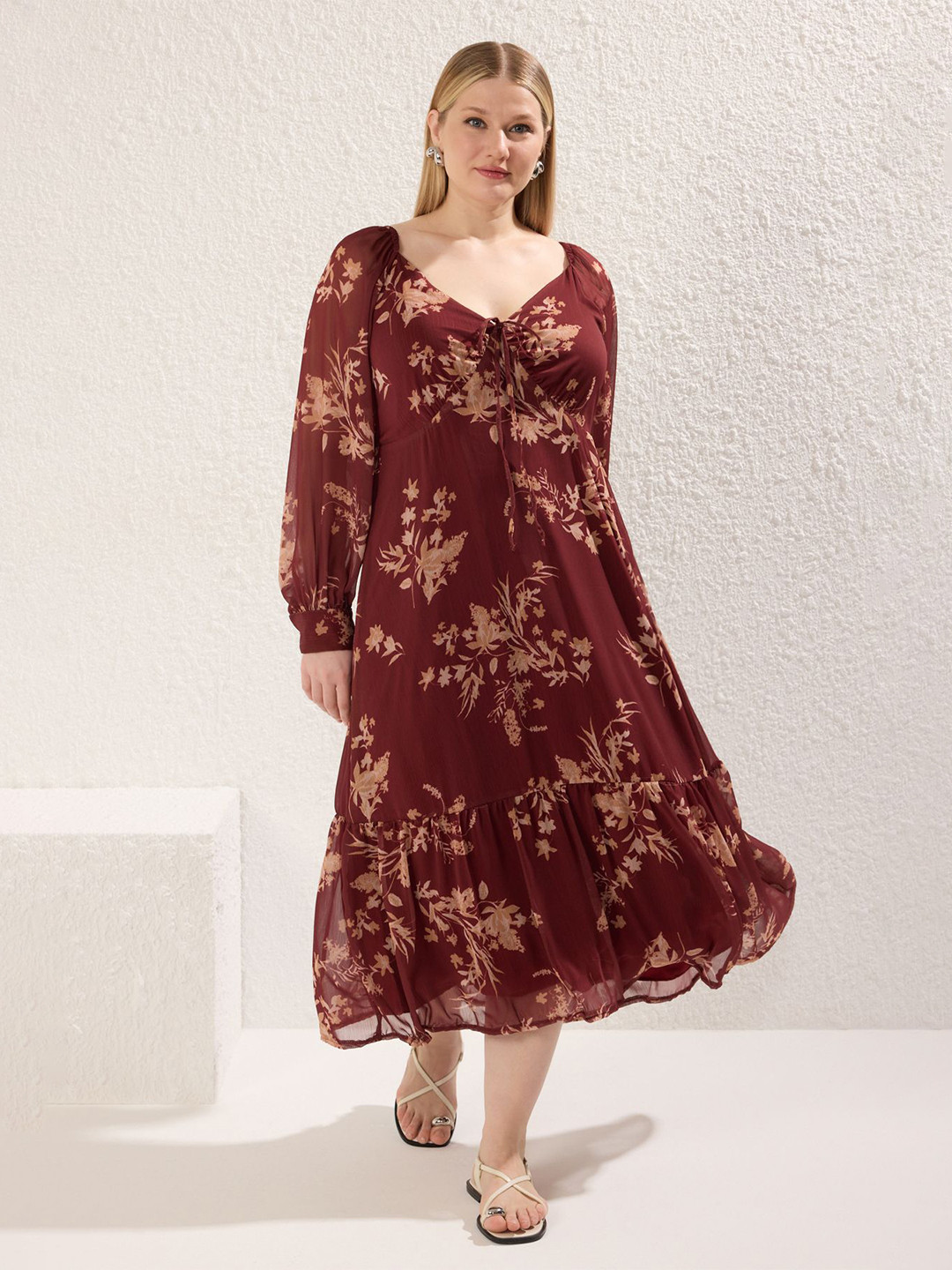 Trendyol Women Floral Print Puff Sleeve A-Line Midi Plus Size Dress