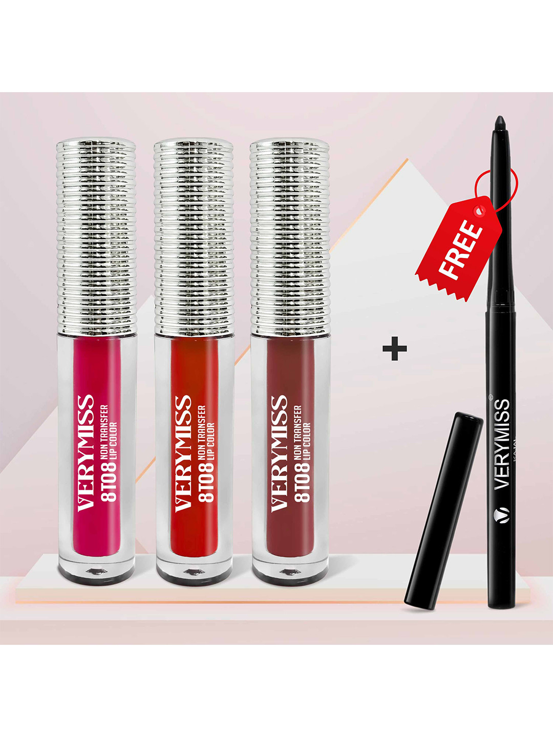 VERYMISS 4Pcs 8 To 8 Lipstick (1.6 ml Each) & Kajal - Deep Carmine-Almond-Fire Brick