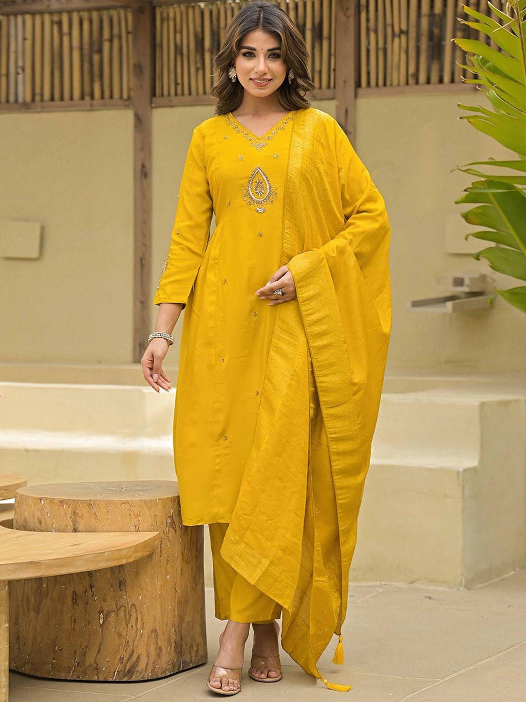 Peachmode Floral Embroidered V-Neck Sequins Muslin A-Line Kurta With Trousers & Dupatta