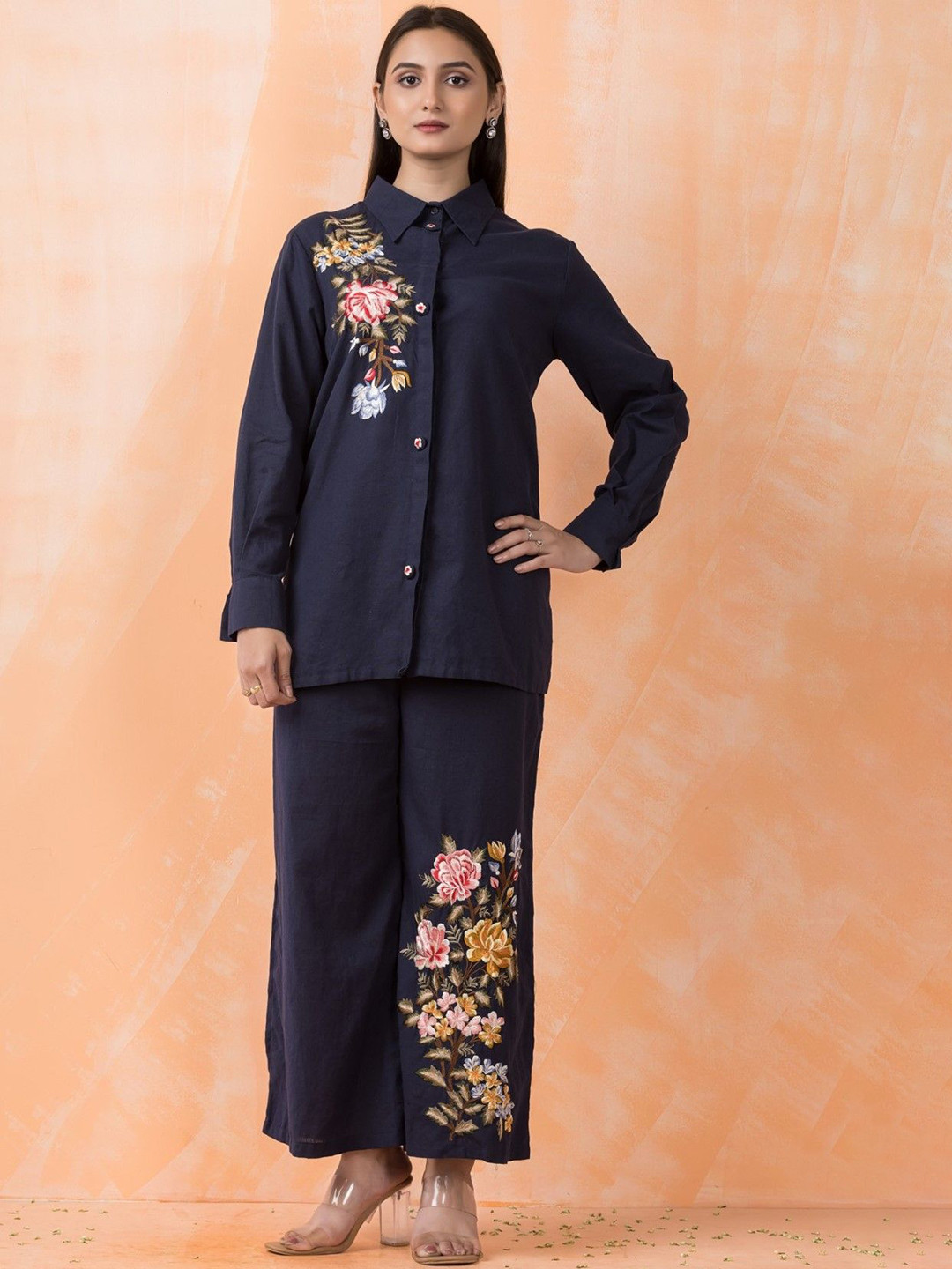 AUTUMN LANE Sabhya Azure Embroidered Pure Cotton Shirt With Palazzo Co-Ords