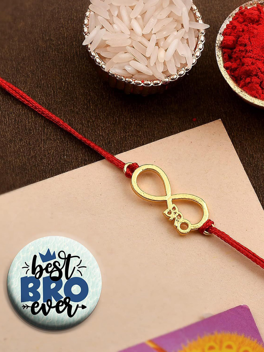 Ascension Gold Plated Infinity Bro Rakhi With Roli Tilak & Fridge Magnet