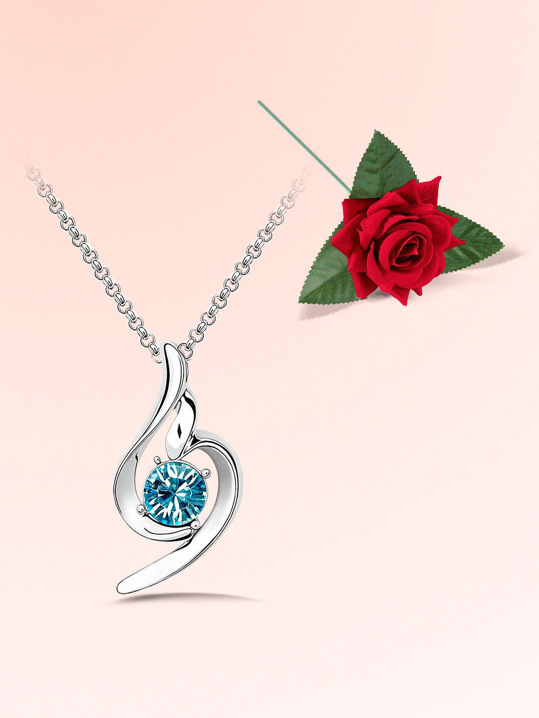 Peora Silver-Plated Crystals Studded Minimal Chain With Red Rose