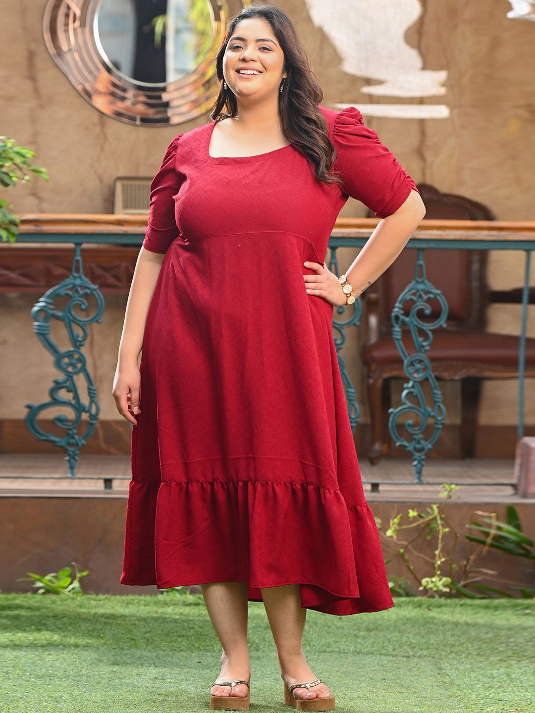 PrettyPlus by Desinoor.com Women Plus Size Red Ruched Sleeve Fit & Flare Dress