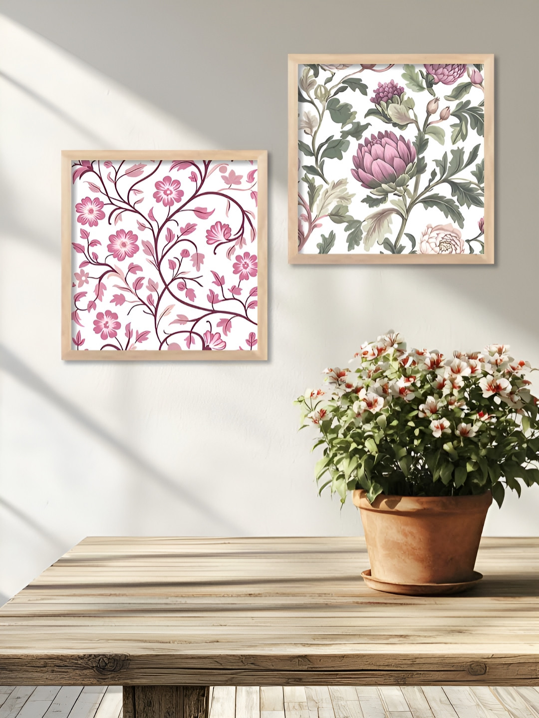 WALLLANE Brown & White 2 Pieces Floral & Botanical Wood Wall Art