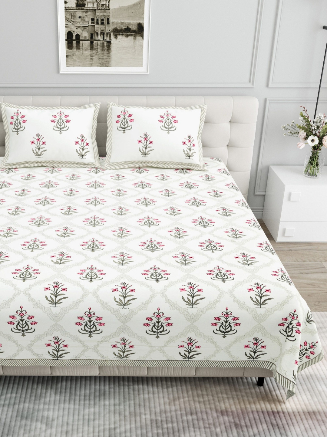Urban Jaipur Elite Collection White Floral Cotton 186 TC King Fine Bedsheet with 2 Pillow Covers-100 x 108 inches