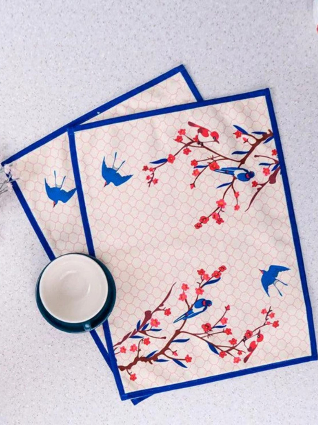 Indisca Designs Cream & Blue 2 Pieces Spring Blossom Printed Table Placemats