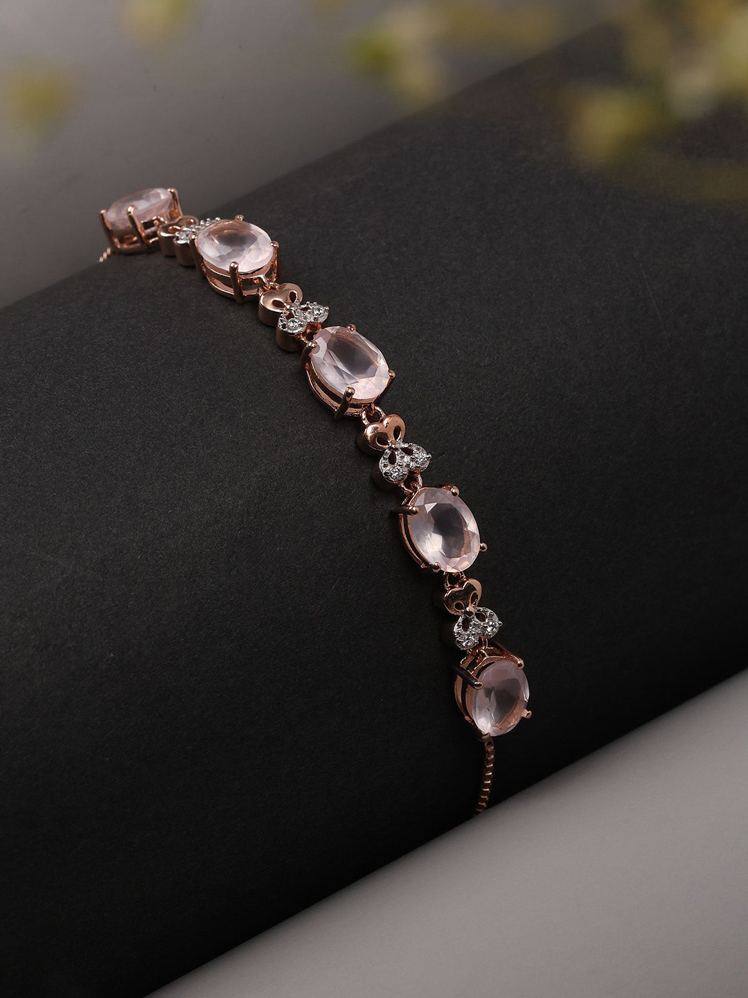 Exotic India Women Sterling Silver Rose Gold-Plated Quartz Studded Charm Bracelet