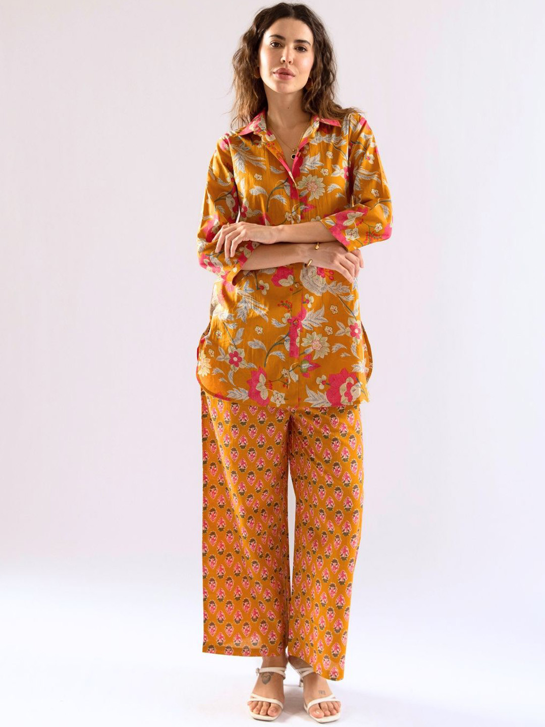 FEATHERS CLOSET Saffron Petal Pure Cotton Collar Shirt Co-Ord Set