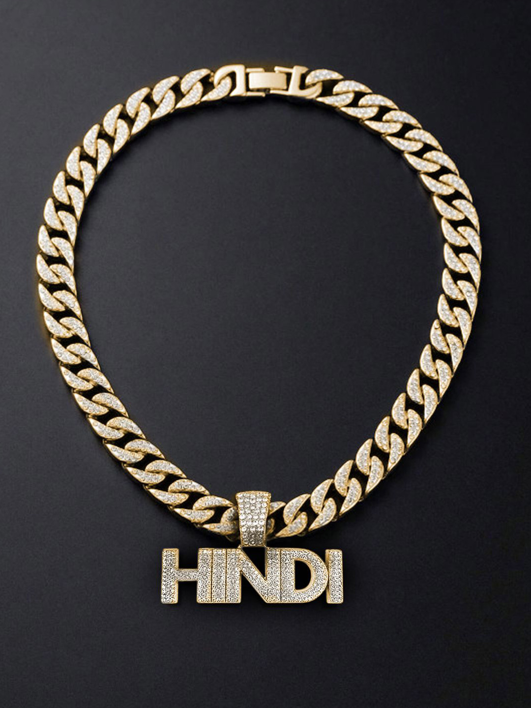 FIMBUL Men Stainless Steel Gold-Plated Rinestone Studded Hindi Pendant With Chain