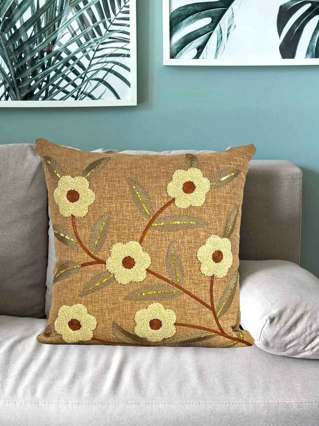 TANLOOMS Brown Floral Linen Breathable Embroidered Square Cushion Covers - 16 x 16 In