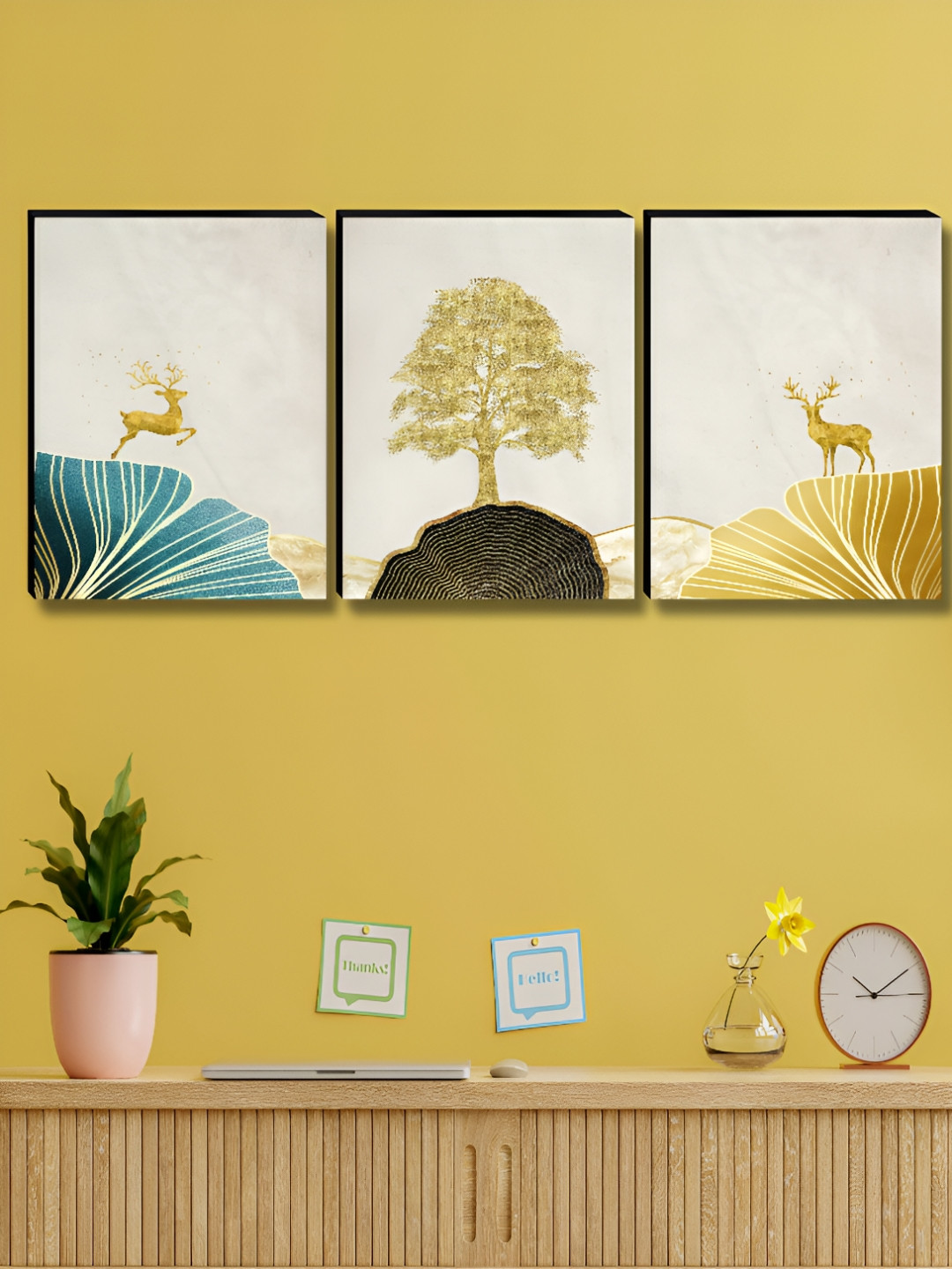 SAF Grey & Gold-Toned 3 Pieces Tree & Deer Floral and Botanical Wooden Wall Arts