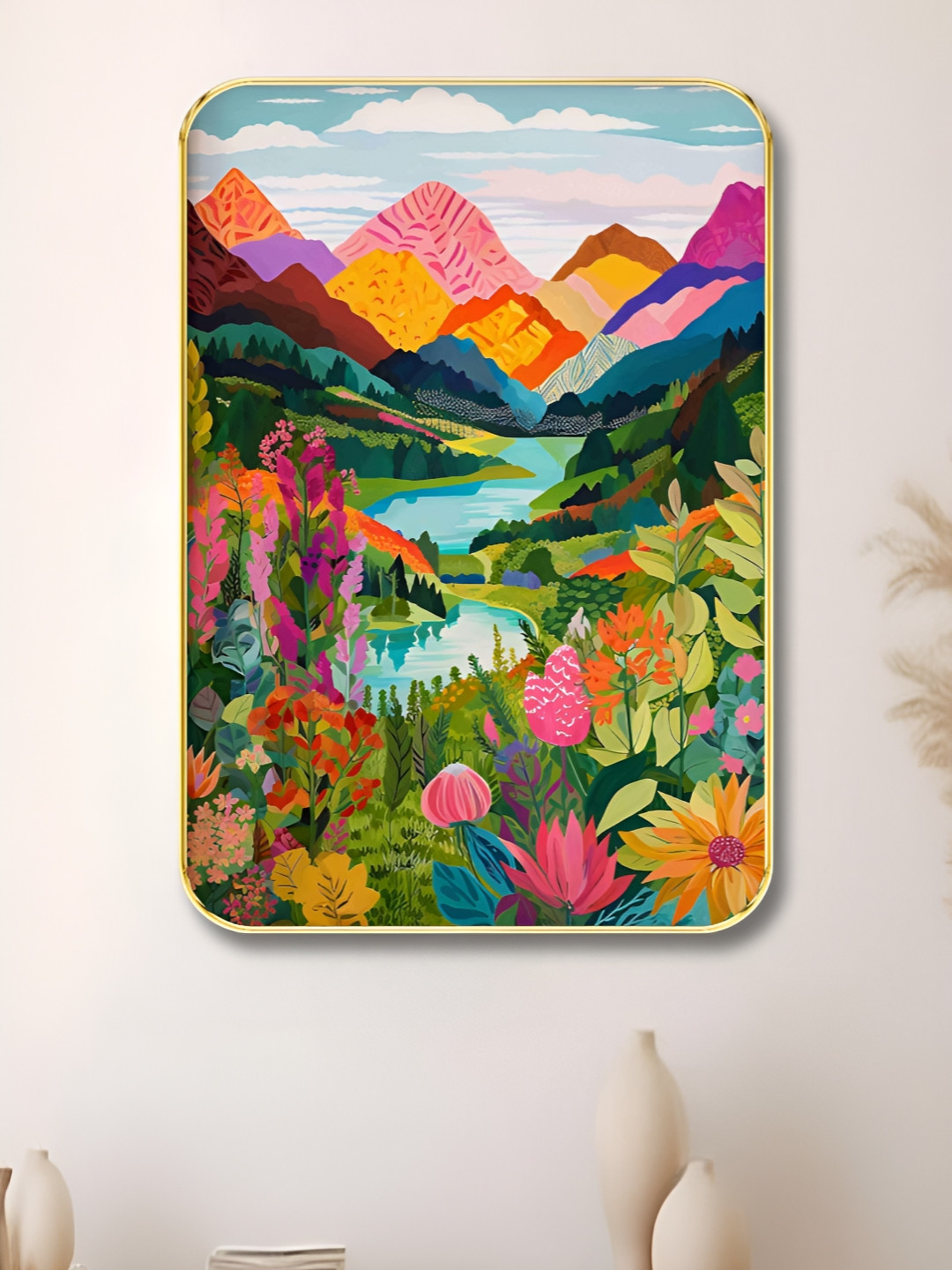 SAF Blue & Green Wood River and Mountains Wall Paintings