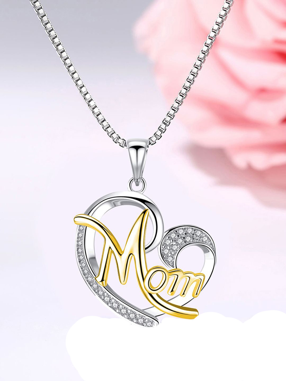 Peora Silver & Gold Plated Cubic Zirconia Studded Love Heart Mom Pendant With Chain
