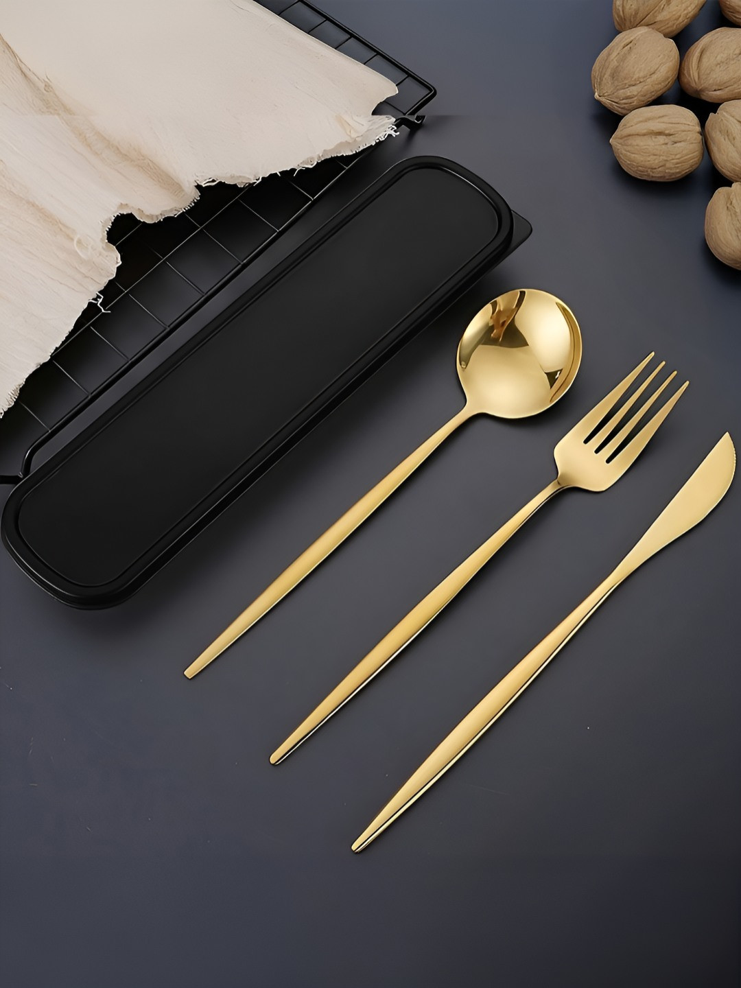 BonZeaL Portable 3 Pieces Gold-Toned Stainless Steel Cutlery Set With Box