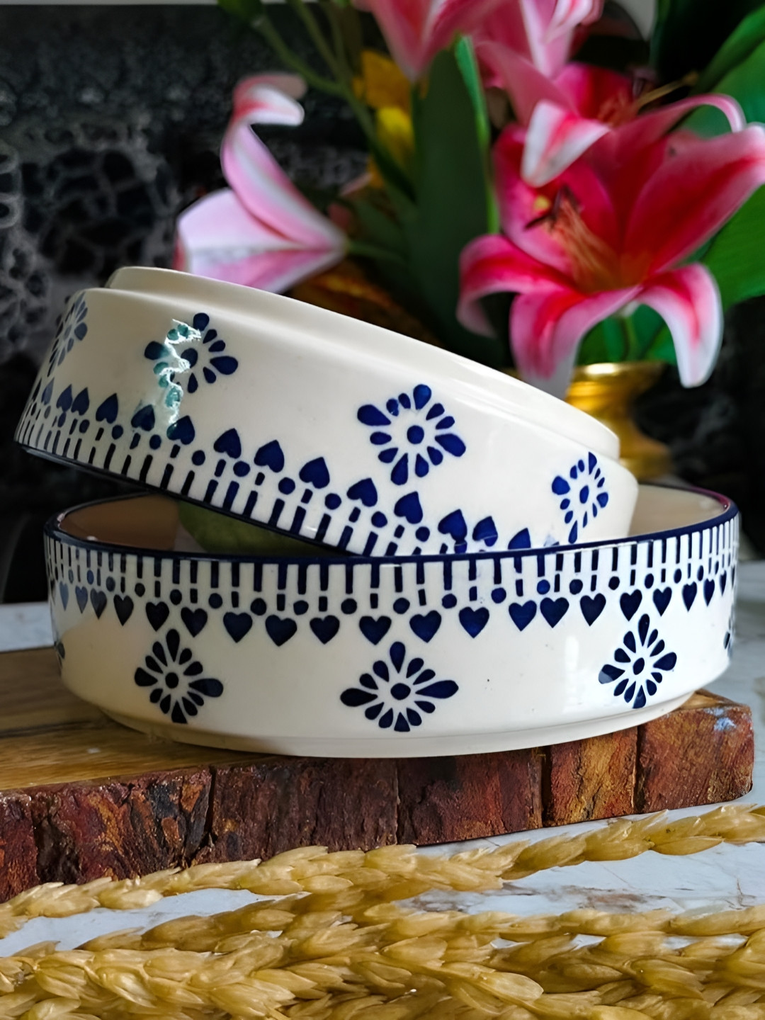 NIYARA White & Blue 2 Pcs Printed Glossy Ceramic Salad Bowls