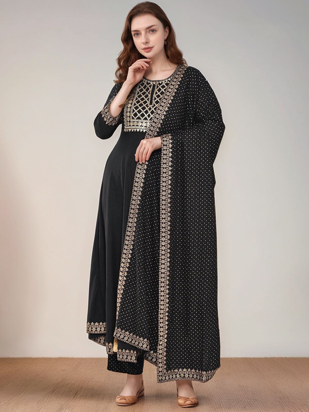 Black Teetar Embroidered Sequinned Kurta with Trousers & Dupatta