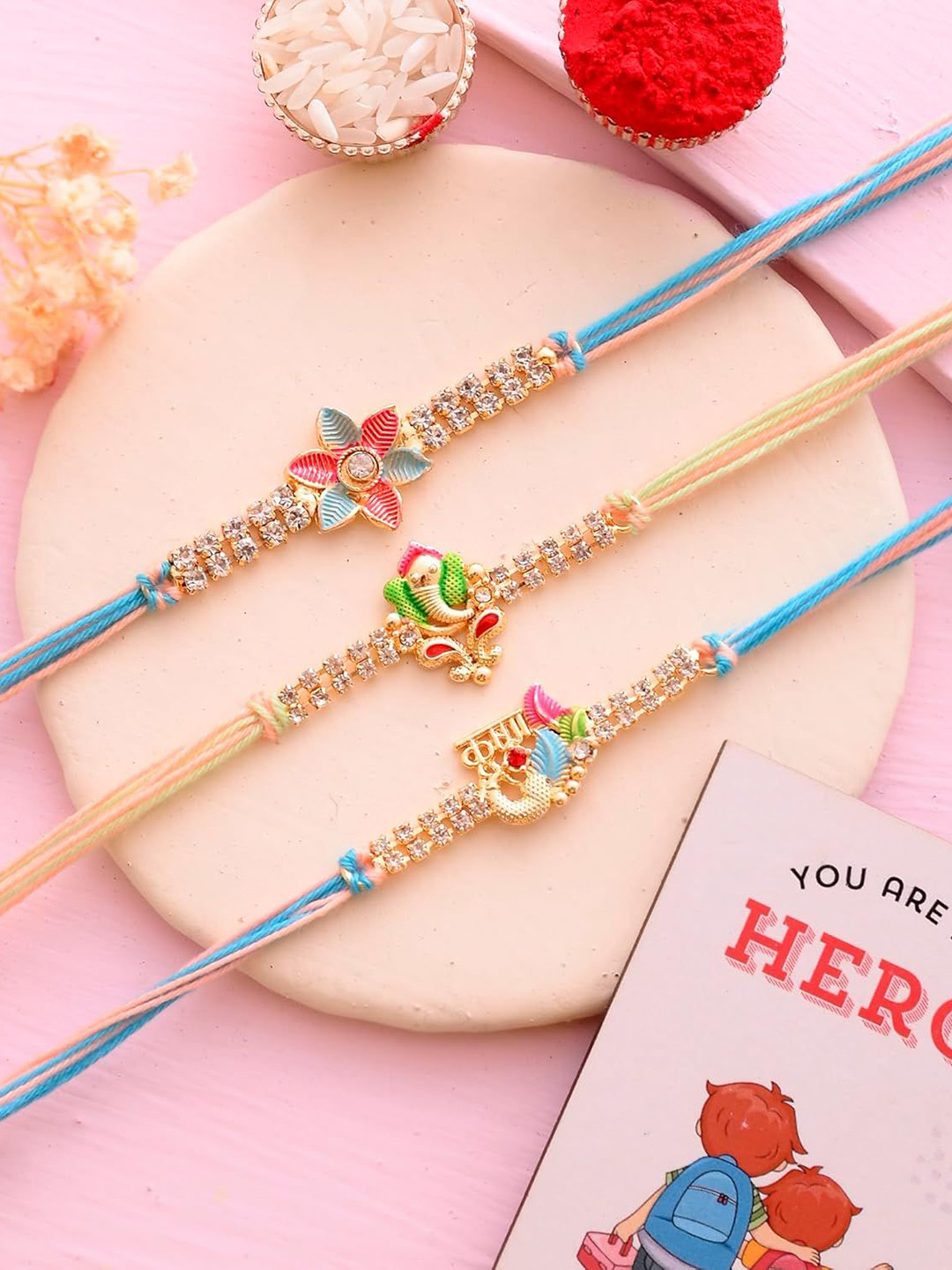 Ascension 3-Pcs Beaded Rakhi WIth Fridge Magnet Roli Tilak