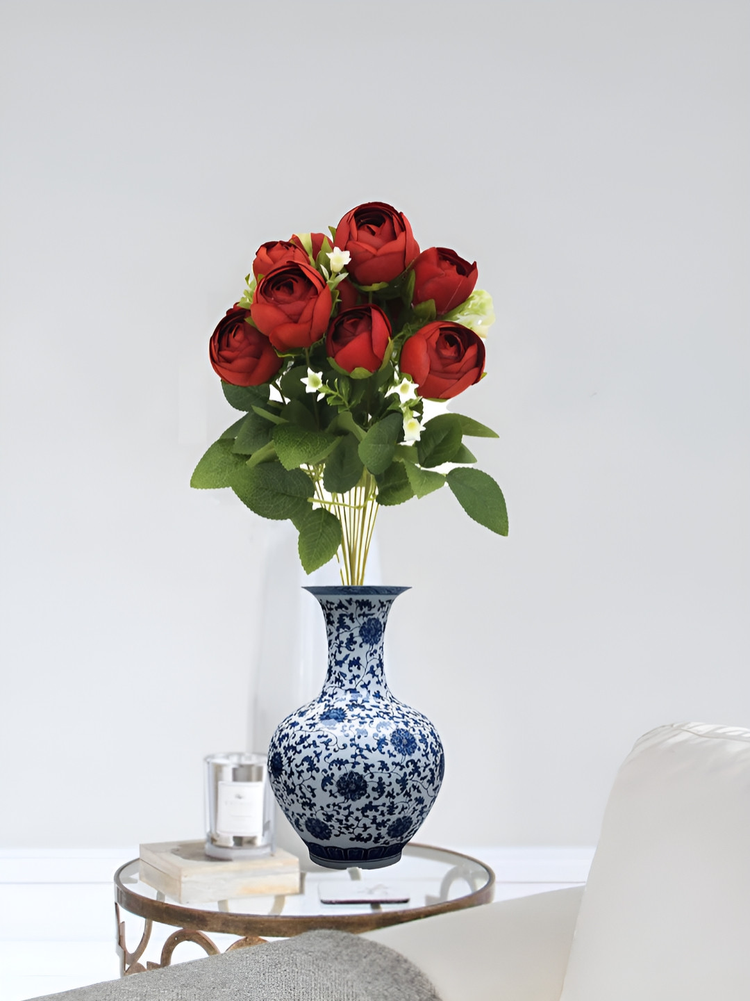 OGI INTERIORS Red & Green Rose Artificial Flower