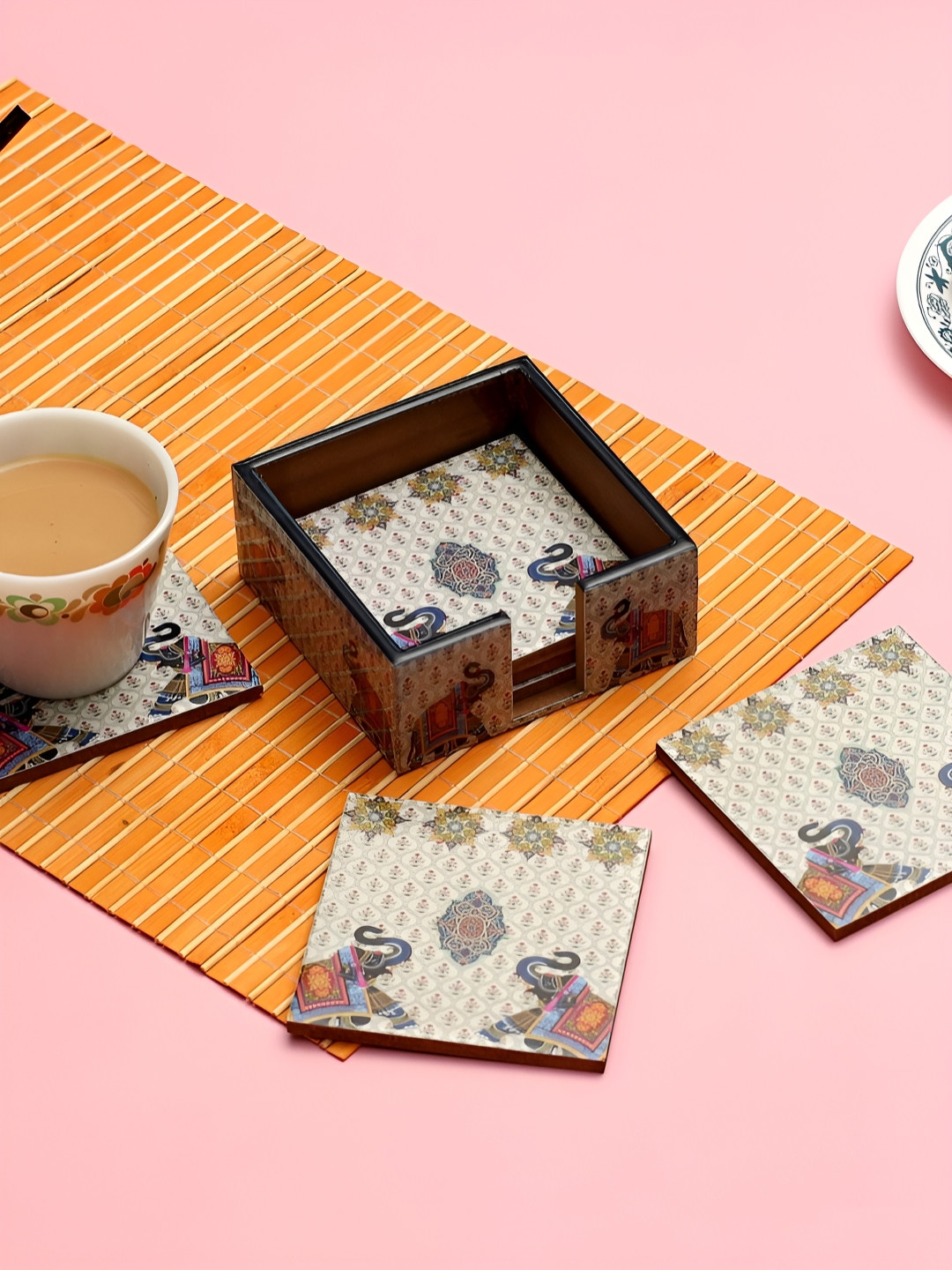 DULI White & Blue 6 Pcs Motifs Printed Square Enamel Wooden Coasters With Stand