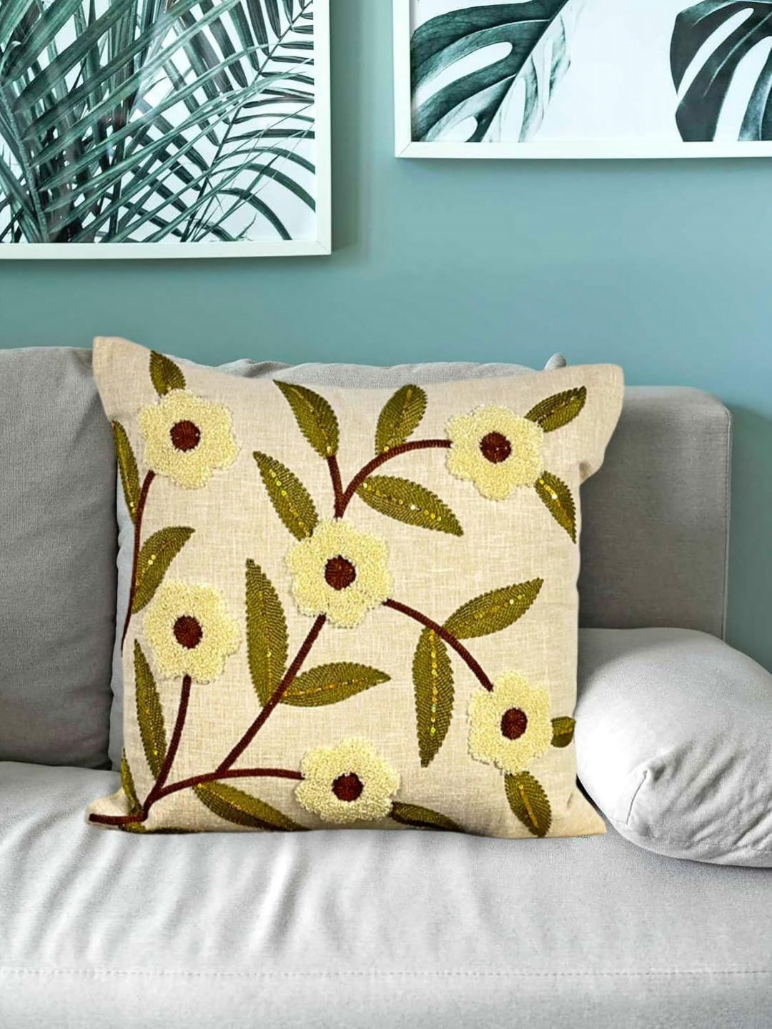 TANLOOMS Cream Floral Linen Washable 2 Pcs Embroidered Square Cushion Covers - 16x16In