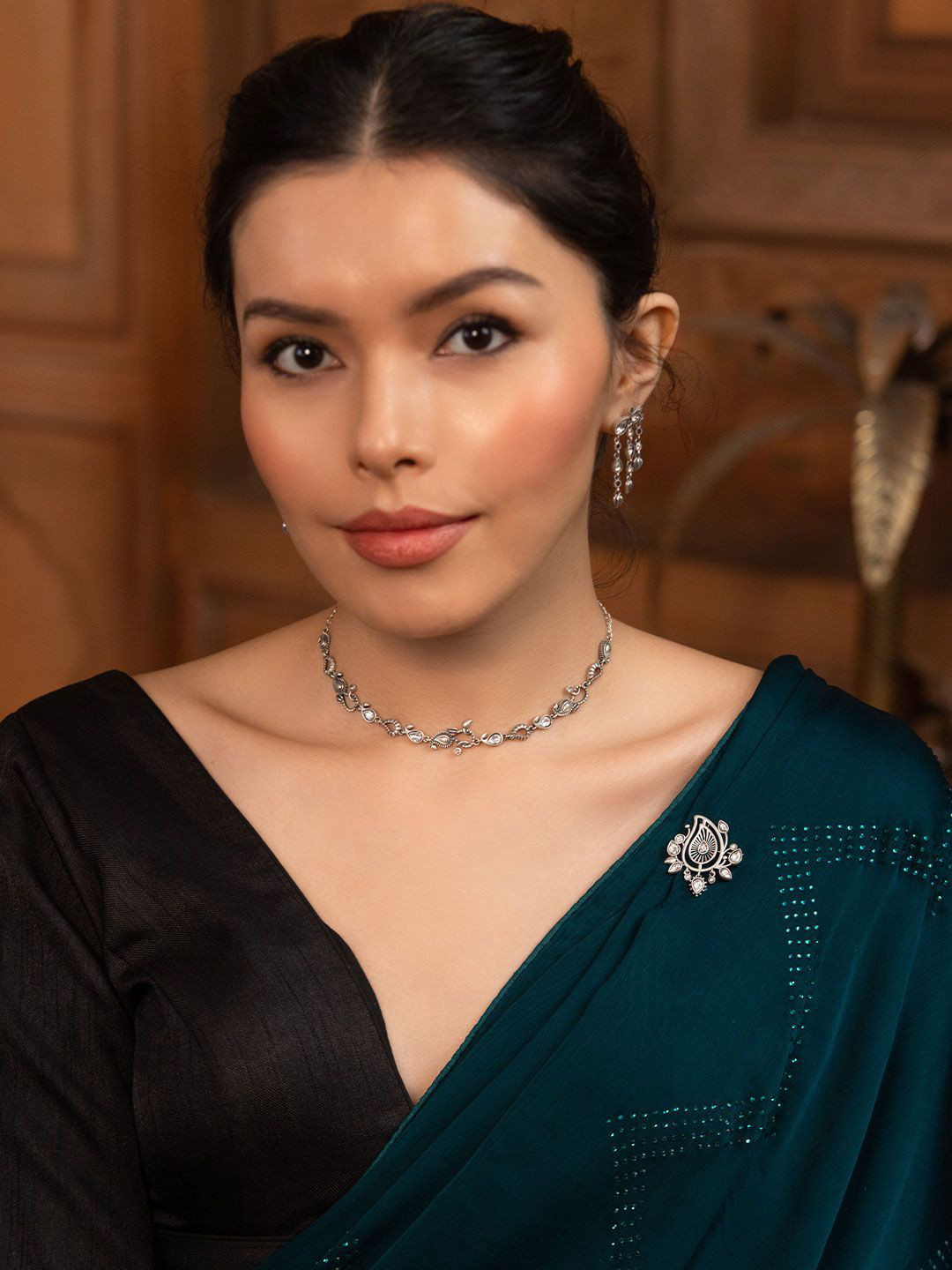 SHAYA Oxidised Polki Silver Brooch