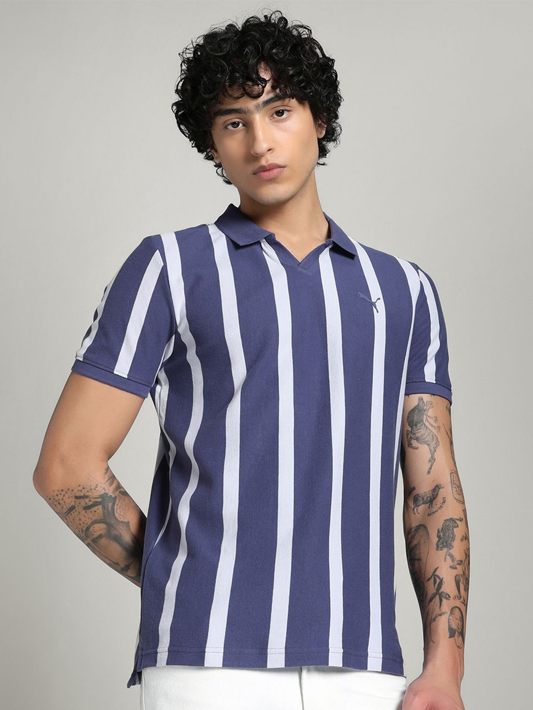 Puma Elevated Ess Striped Pure Cotton Polo Collar T-Shirt