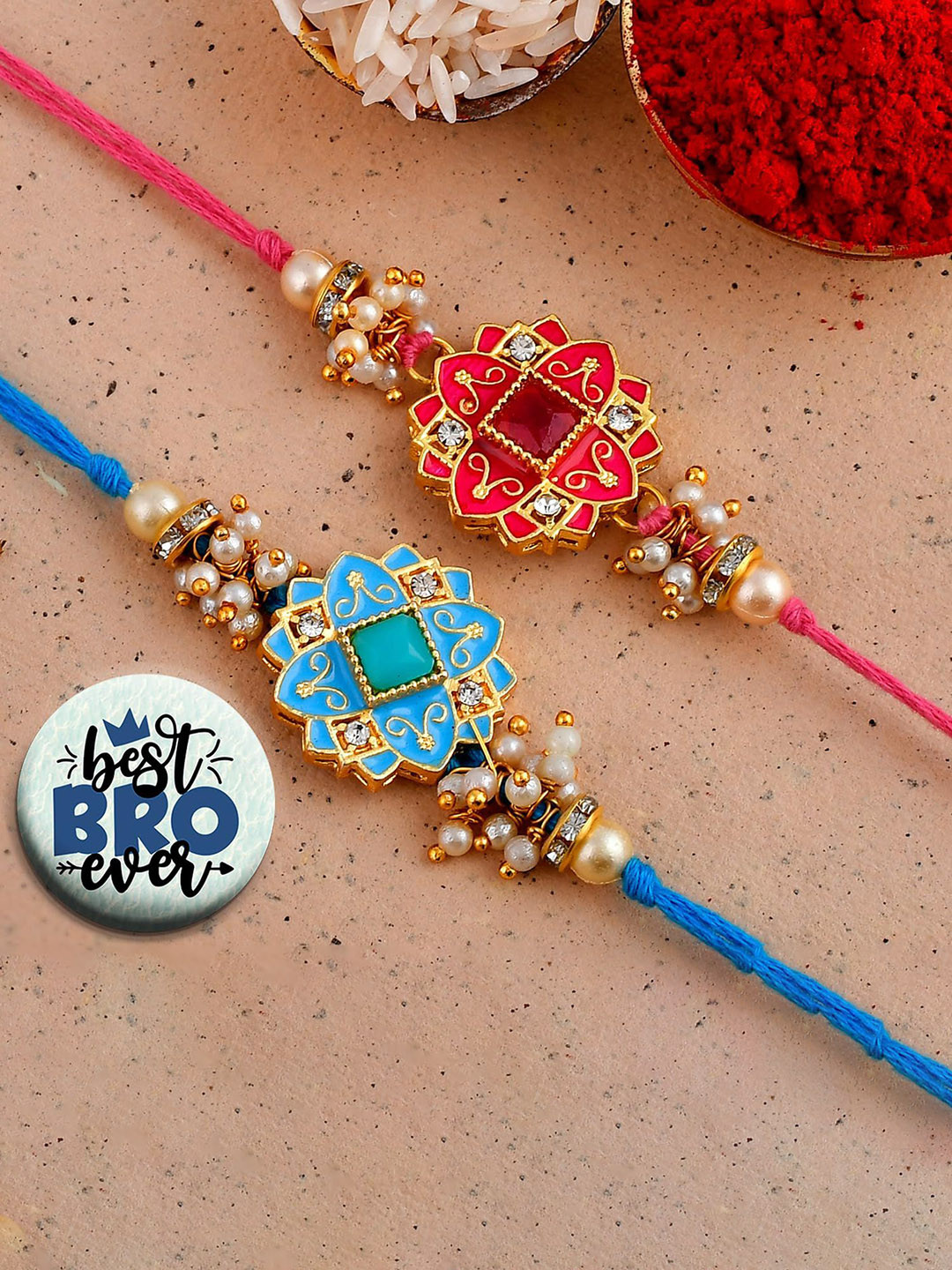 Ascension 2 Pcs Beaded Rakhi With Roli Tilak & Fridge Magnet