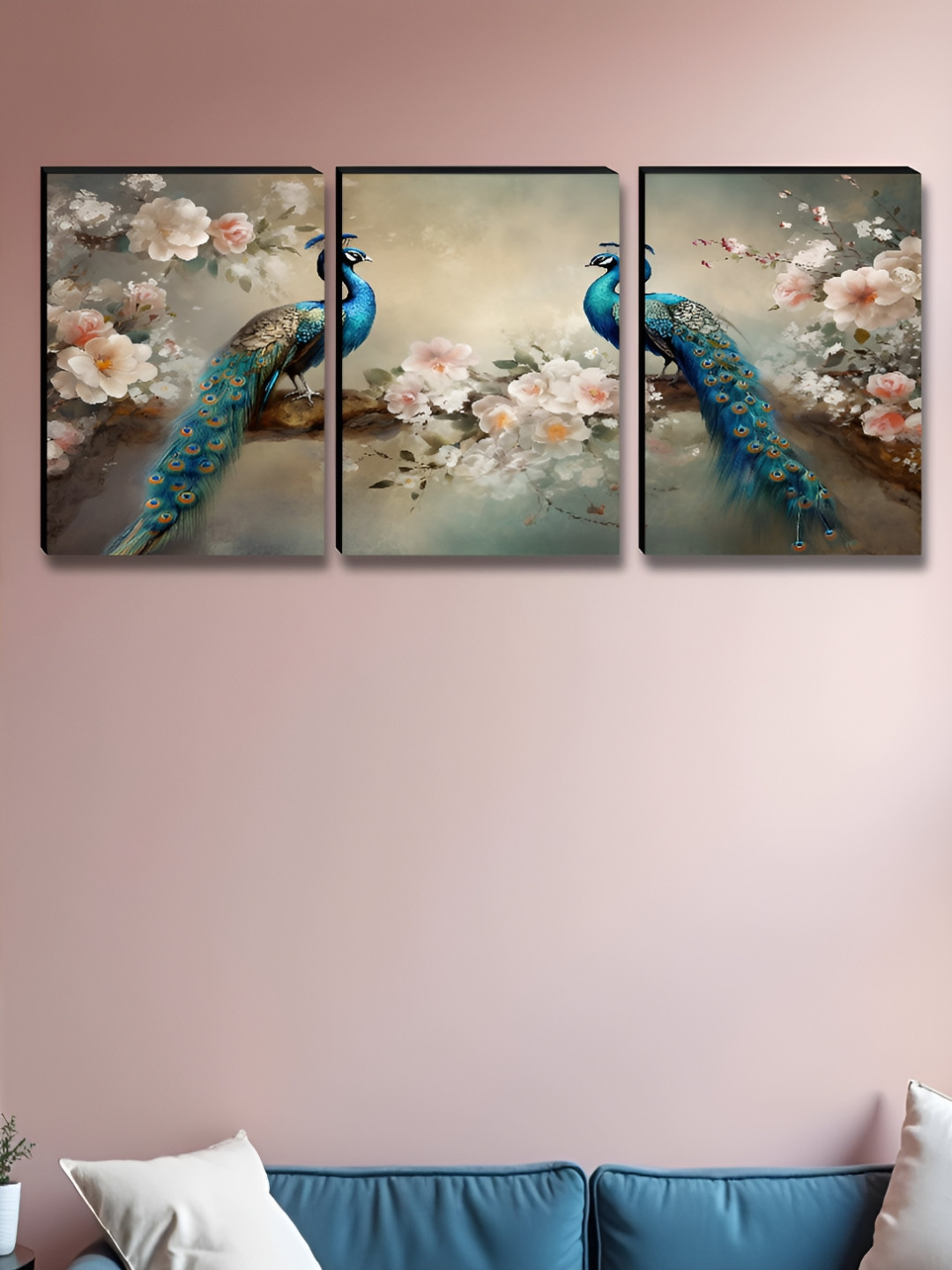 SAF Beige & Blue 3 Piece Animal Printed Wooden Wall Art