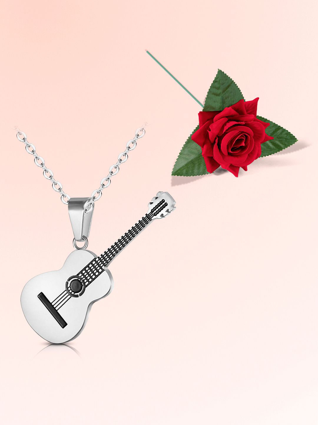 Peora Unisex Silver Plated Guitar Shaped Pendant Chain With Red Rose