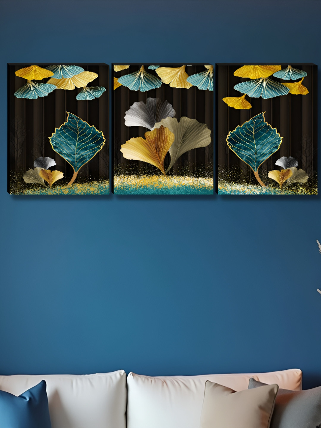 SAF Black & Gold-Toned 3 Pieces Leafs And Flowers Printed Wooden Wall Art