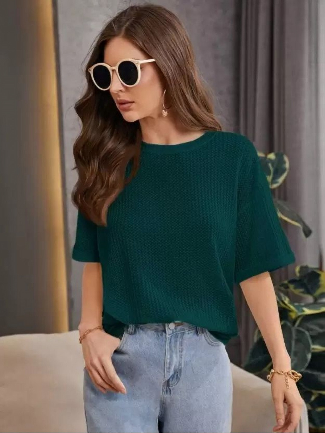 VDTREND Women Solid Round Neck Oversized T-shirt