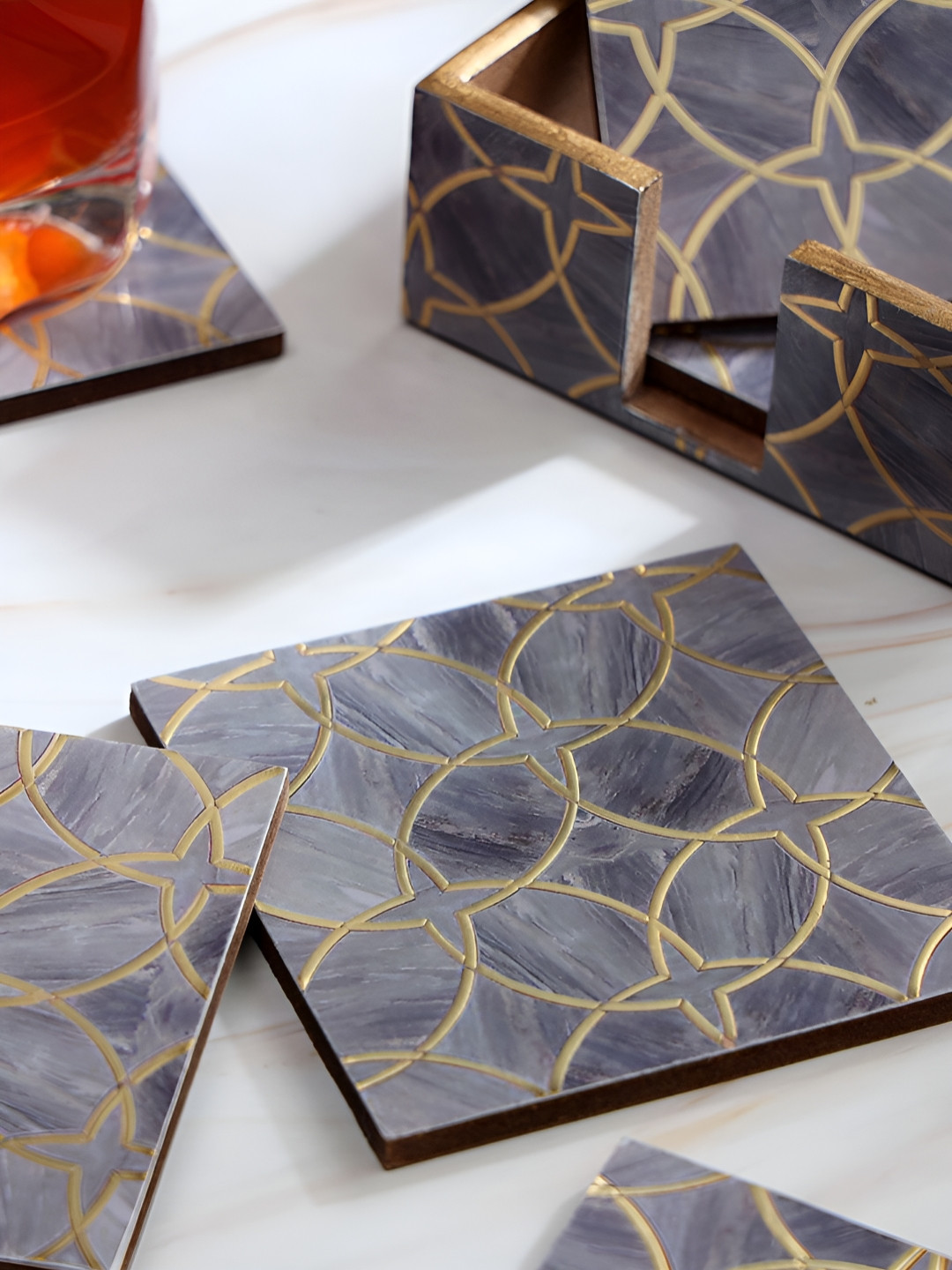 DULI Purple 6-Pcs Geometric Printed Enameled Square Waterproof Wooden Coasters With Stand